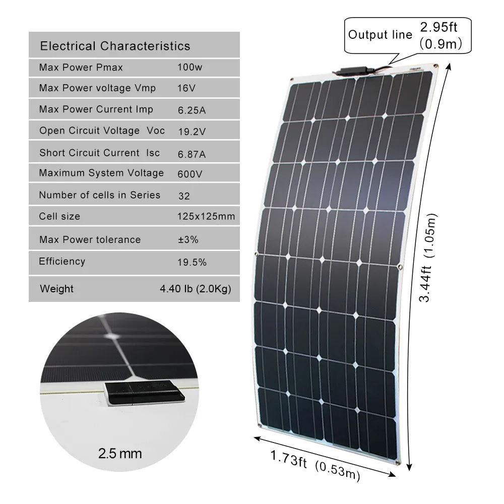 300w 200w 100w flexible solar panels 12v 24v high