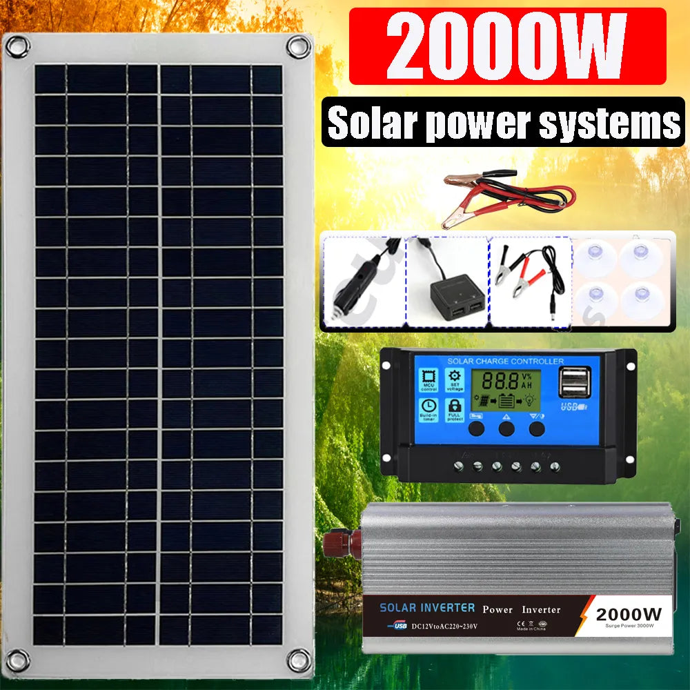 2000w solar power system solar panel kit 12v solar battery 10a-60a con