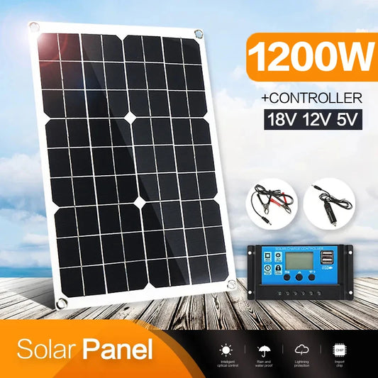 1200W Solar Panel 12V Battery Charger Dual USB With 10A-60A ell Controller Solar COutdoor Camping for Phone Car Yacht RV Hiking