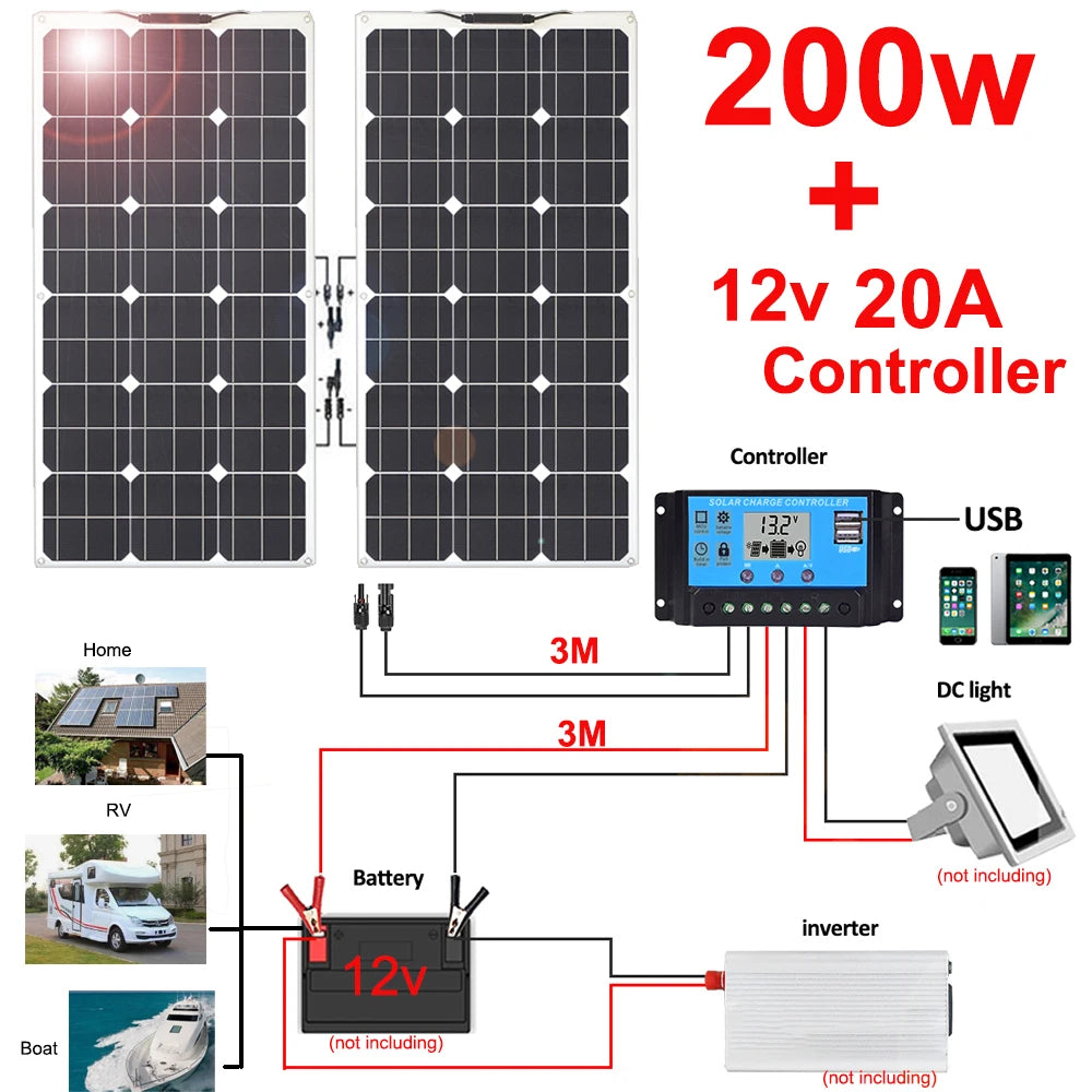 solar panel 200w 100w 12v battery charger flexible photovoltaic panel