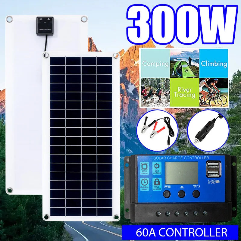 300w solar panel 12v usb charging solar cell 60a controller portable