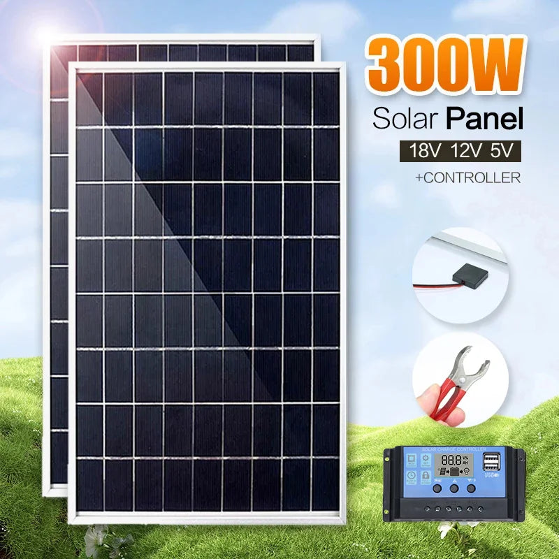 300w solar panel kit complete 5v 12v polycrystalline usb power portab